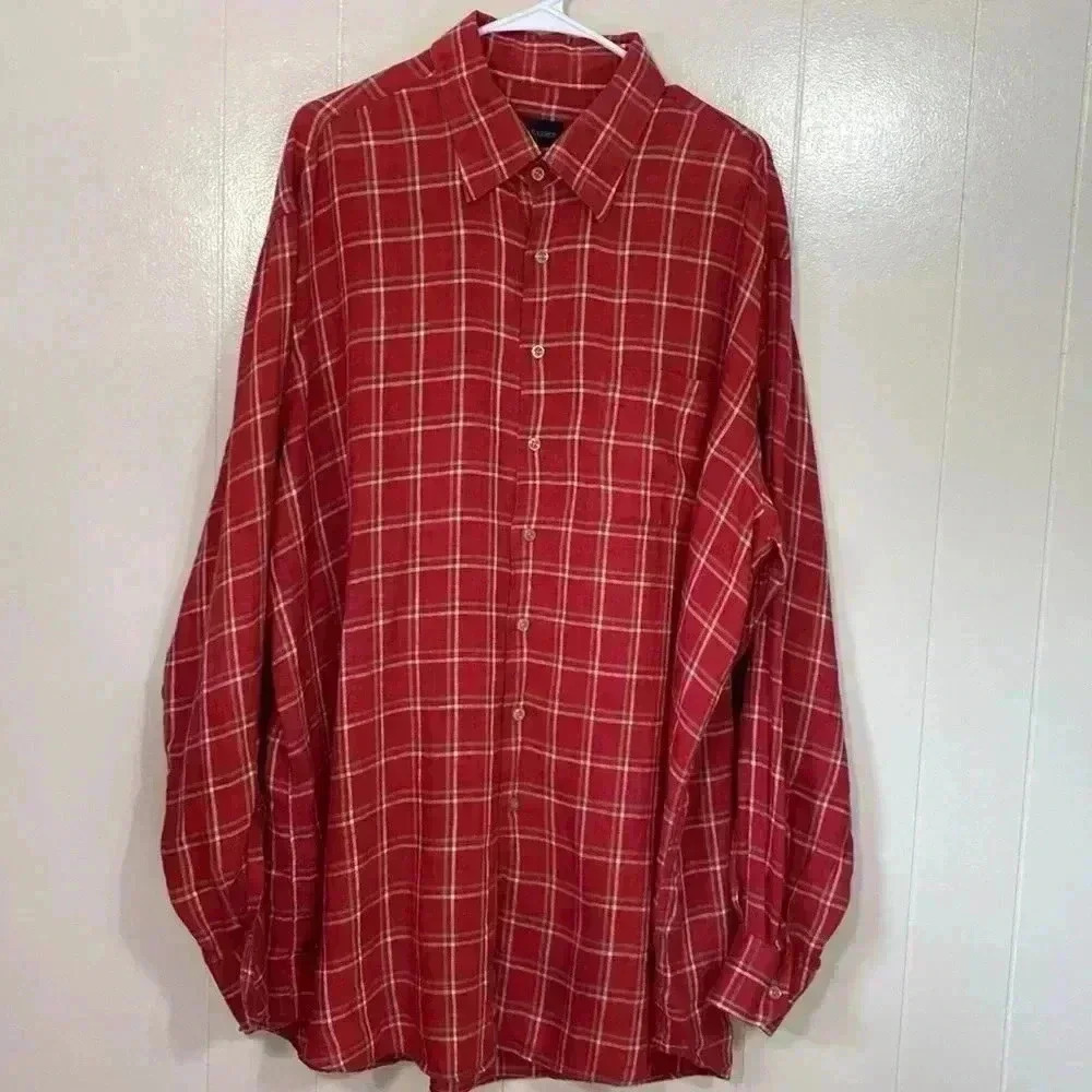 Scott Barber 100% Linen Long Sleeve XXL Rust/Red Colored Windowpane Plaid Shirt.